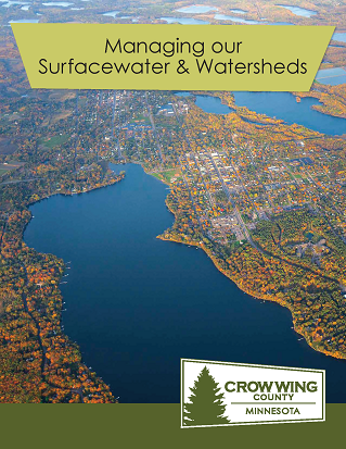 Brochure cover for managing our surfacewater and watersheds showing an aerial picture of crow wing county Opens in new window